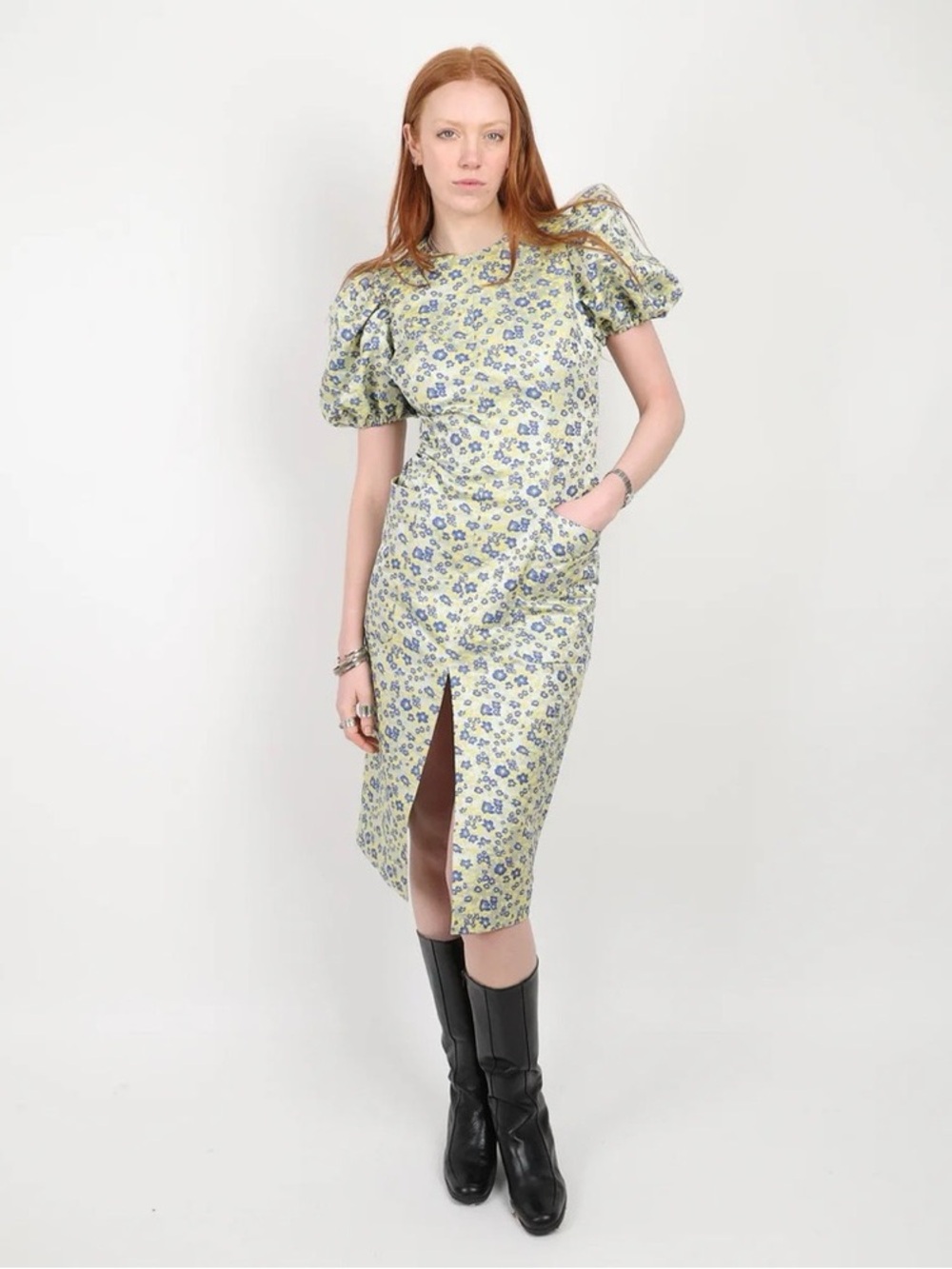 ROTATE Birger Christensen Katarina Floral Puff Sleeve Midi Dress Sz 6